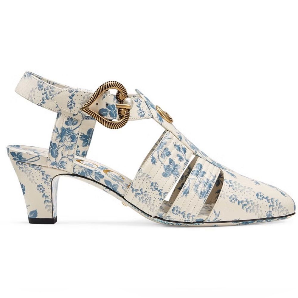 Gucci Gea GG Mid Heel Buds/Floral Blue Leather T-Strap  Sandal Pump EU37.5 US7.5